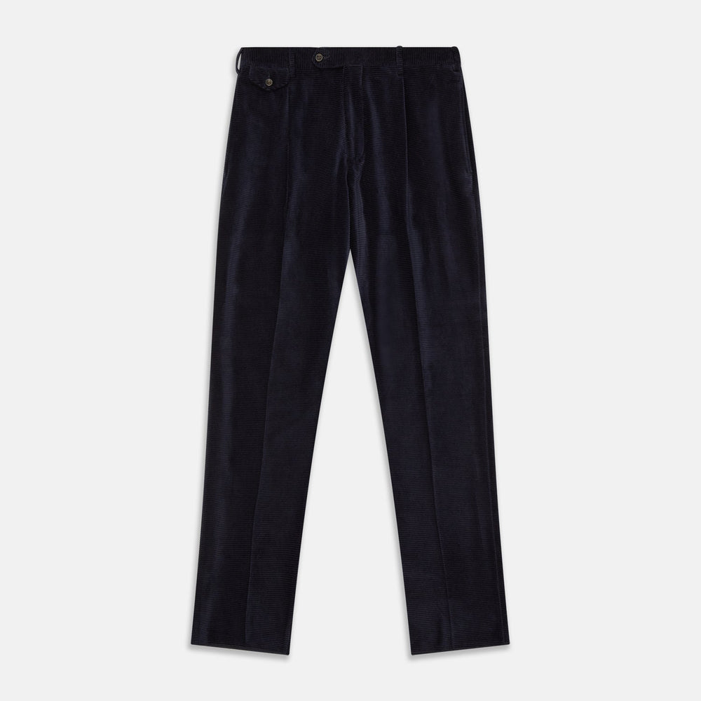 A pair of Turnbull & Asser Navy Horizontal Cord Nolan Trousers featuring a straight-leg fit, button and zip closure, front pleats, and classic horizontal cord texture, laid flat on a white background.