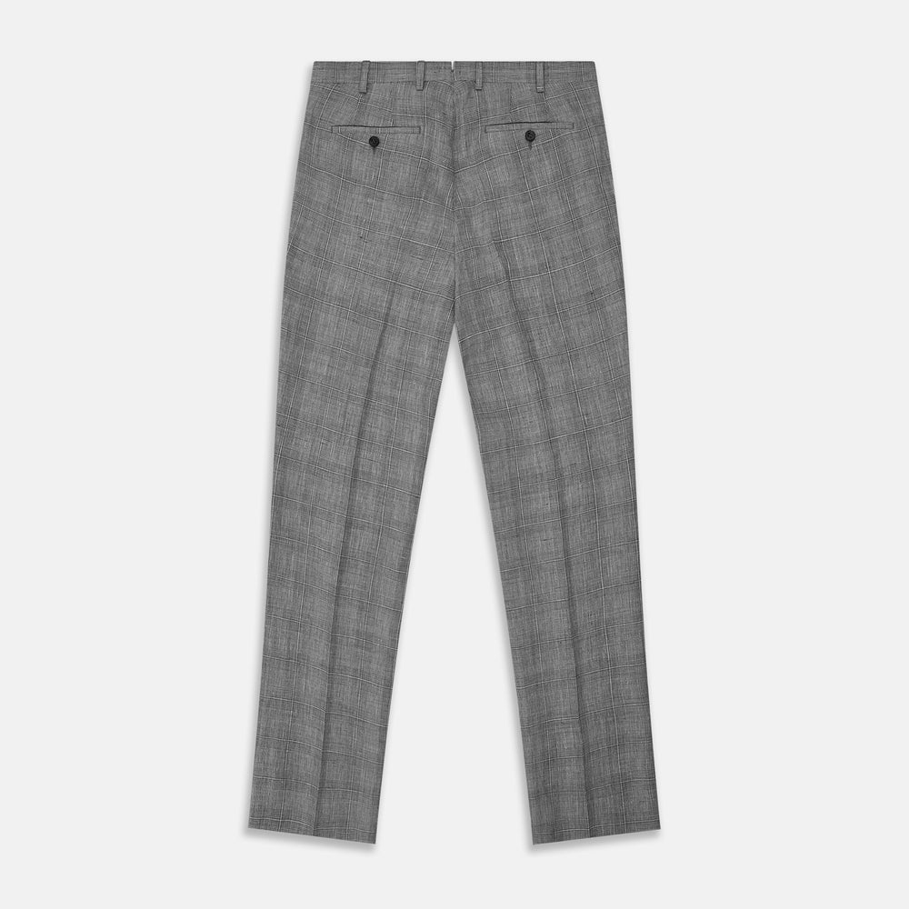 The Turnbull & Asser Grey Multi Check Linen Blend Darlington Trousers, featuring a straight-leg cut, belt loops, front zipper, and pressed center creases, are laid flat on a light gray background.