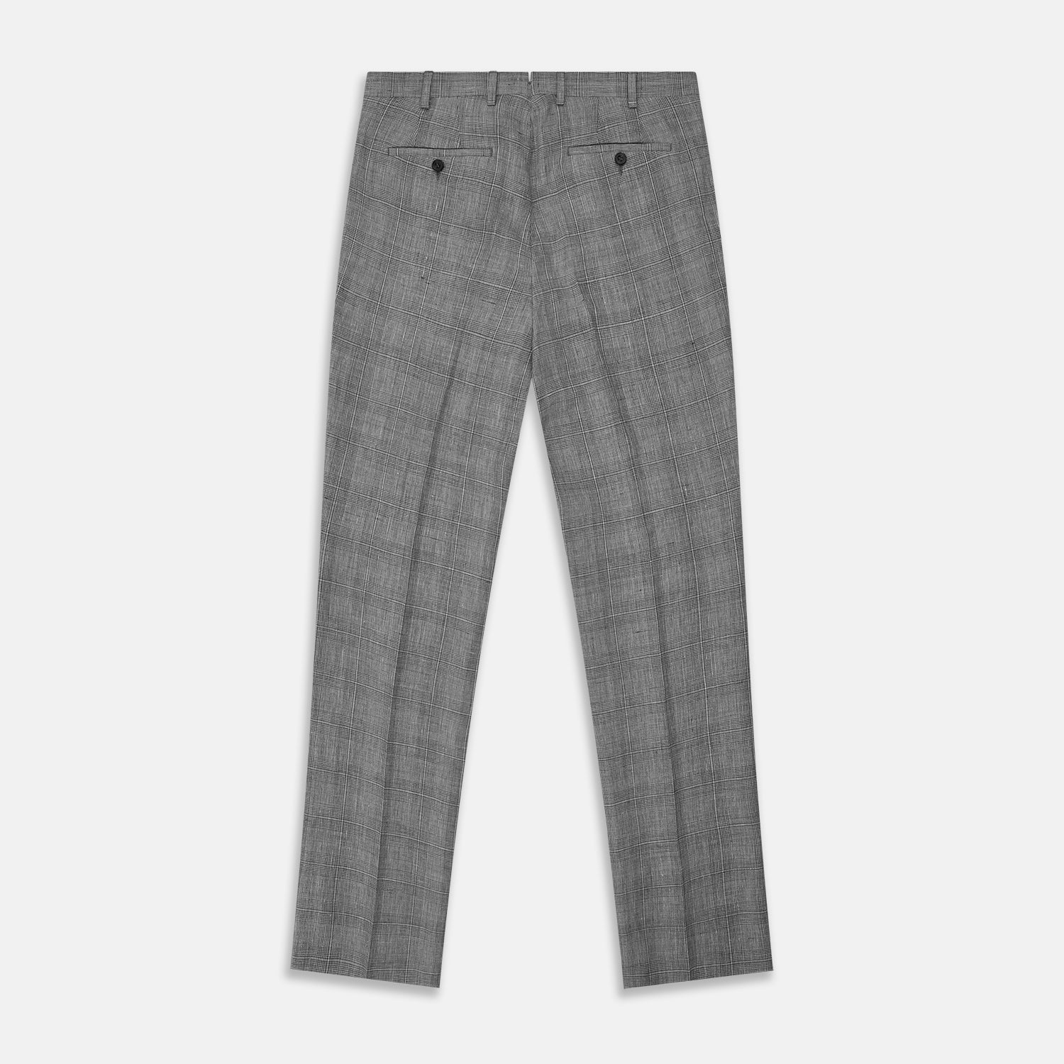 View 3 of product The Turnbull & Asser Grey Multi Check Linen Blend Darlington Trousers, featuring a straight-leg cut, belt loops, front zipper, and pressed center creases, are laid flat on a light gray background.