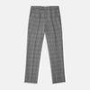 View 1 of product The Turnbull & Asser Grey Multi Check Linen Blend Darlington Trousers, featuring a straight-leg cut, belt loops, front zipper, and pressed center creases, are laid flat on a light gray background.