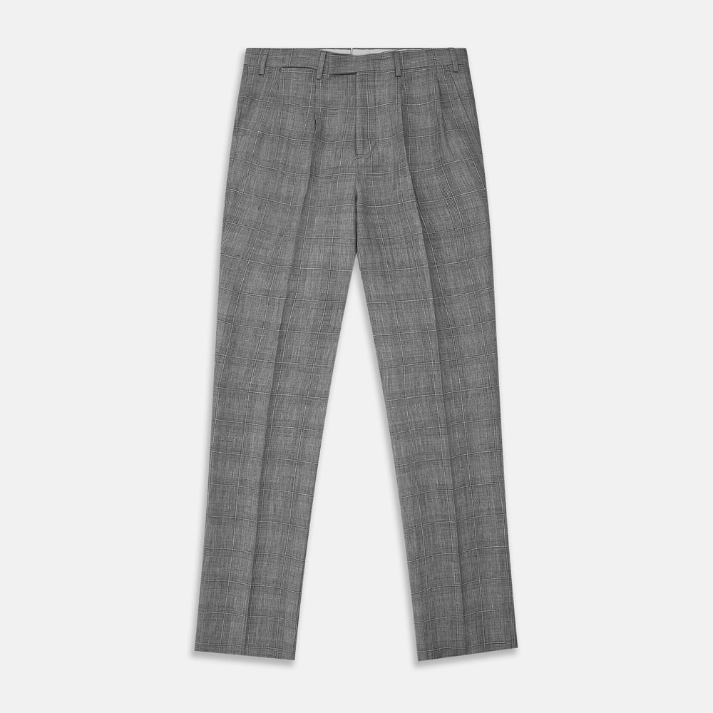 The Turnbull & Asser Grey Multi Check Linen Blend Darlington Trousers, featuring a straight-leg cut, belt loops, front zipper, and pressed center creases, are laid flat on a light gray background.