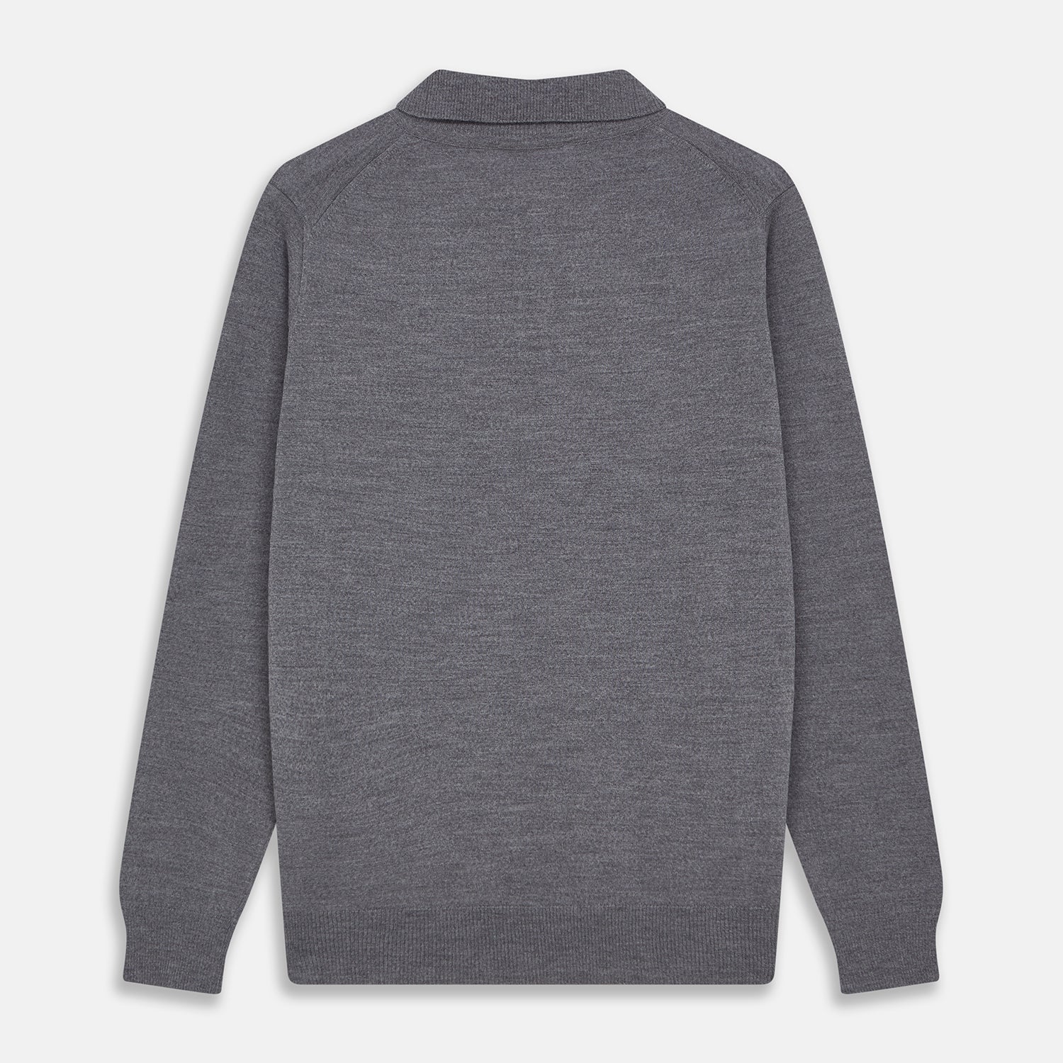 View 3 of product The Grey Merino Wool Cecil Rugby Polo Shirt by Turnbull & Asser features long sleeves, a collar, three-button placket, and ribbed hem and cuffs—an elevated menswear staple shown flat on a white background.