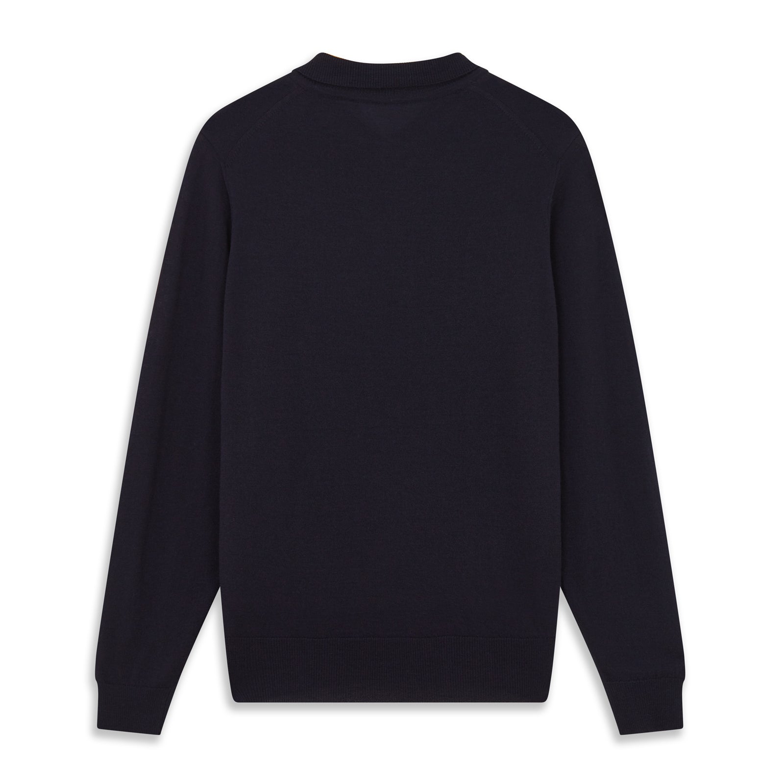 View 3 of product The Navy Merino Wool Cecil Rugby Polo Shirt by Turnbull & Asser features long sleeves, a collar, and a three-button placket—a timeless menswear staple laid flat on a white background.