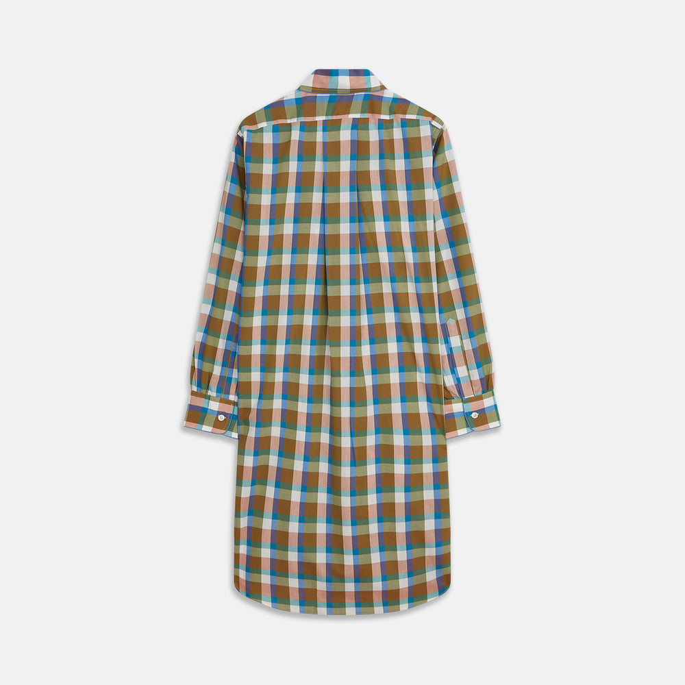 The Green and Pink Multi Check Linen Blend Sussex Nightshirt by Turnbull & Asser is a soft, long-sleeved sleepwear piece with a colorful plaid pattern, button-down front, chest pocket, and rounded hem—ideal as stylish luxury nightwear.