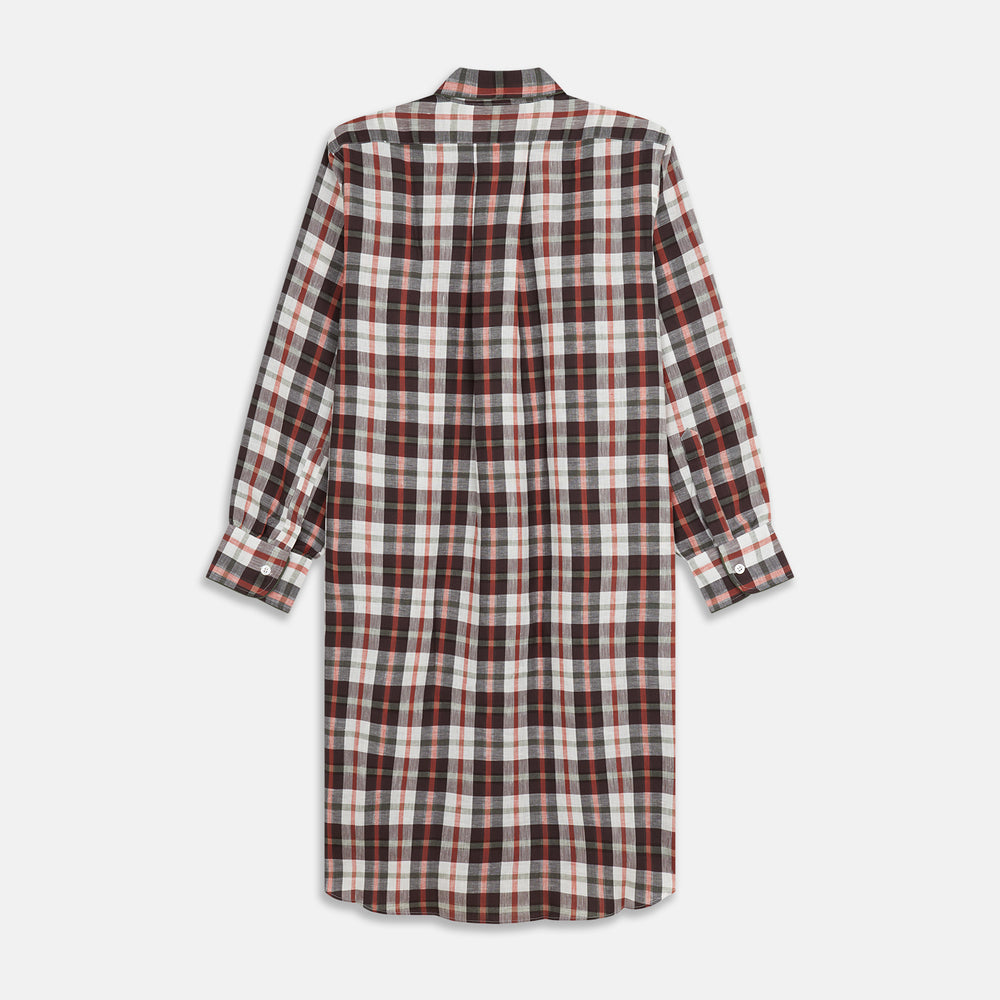 The Black Multi Check Linen Blend Sussex Nightshirt by Turnbull & Asser features a red, black, and white check pattern, button-down front, chest pocket, curved hemline, and brings a luxurious touch to classic sleepwear style.