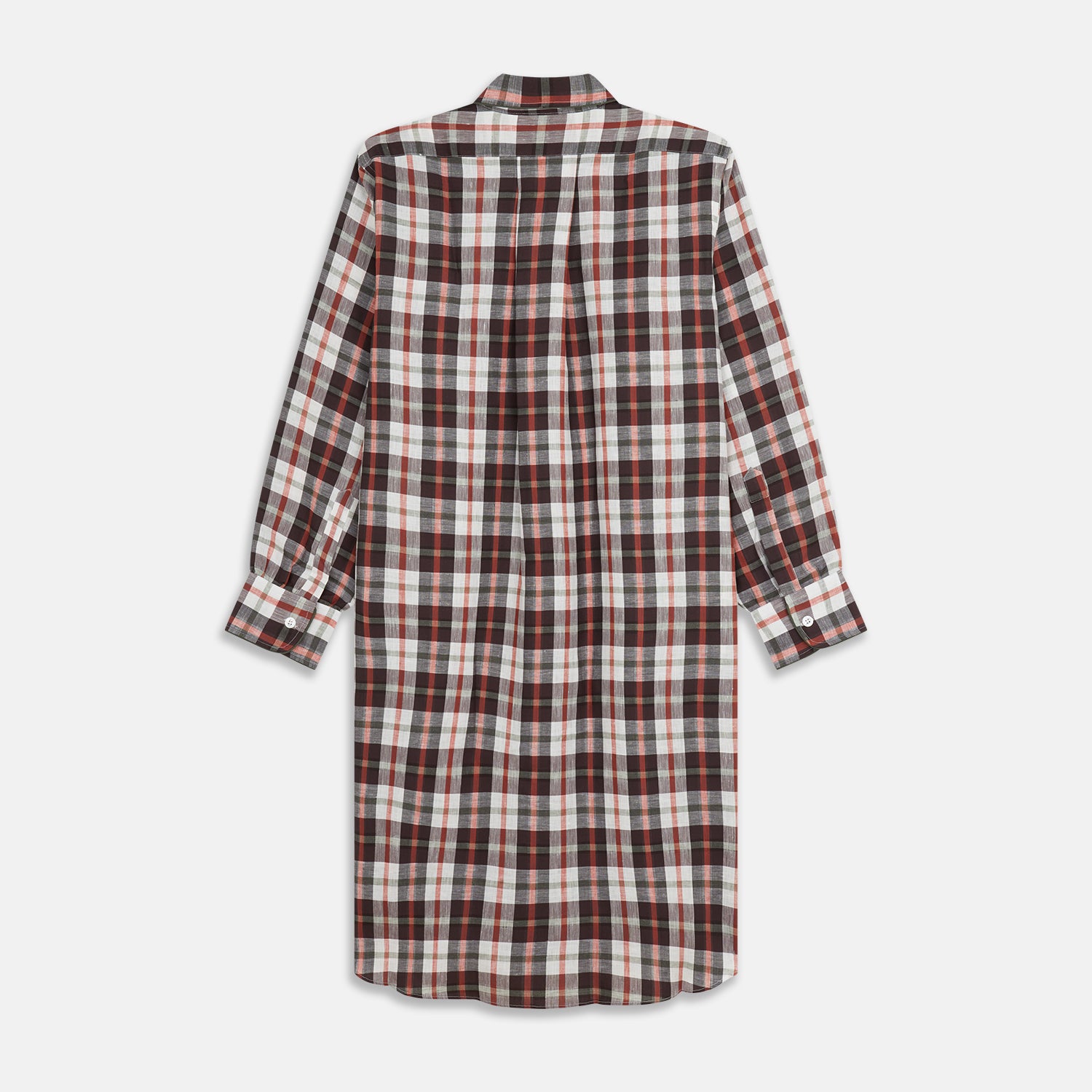 View 4 of product The Black Multi Check Linen Blend Sussex Nightshirt by Turnbull & Asser features a red, black, and white check pattern, button-down front, chest pocket, curved hemline, and brings a luxurious touch to classic sleepwear style.