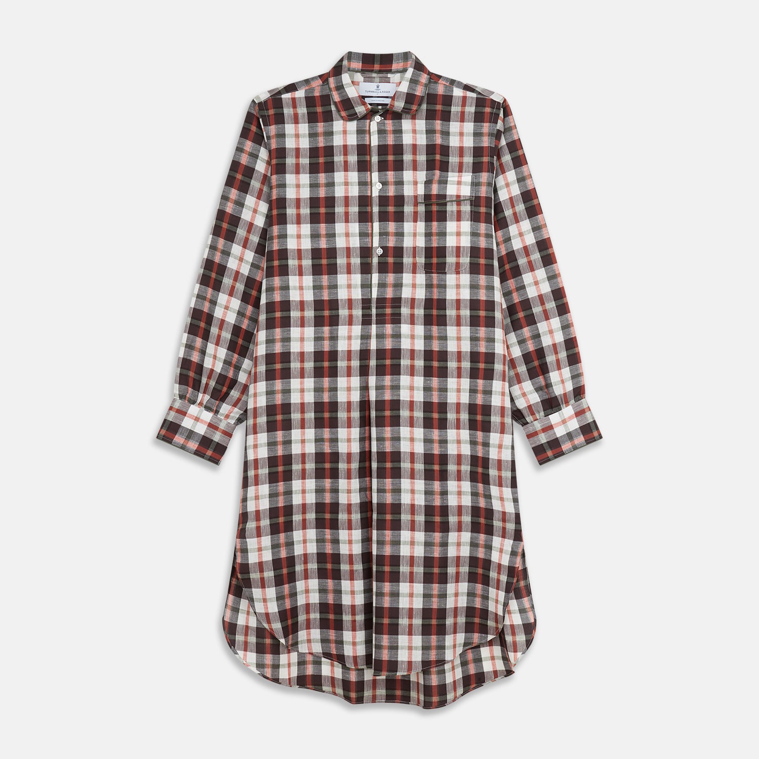 View 1 of product The Black Multi Check Linen Blend Sussex Nightshirt by Turnbull & Asser features a red, black, and white check pattern, button-down front, chest pocket, curved hemline, and brings a luxurious touch to classic sleepwear style.