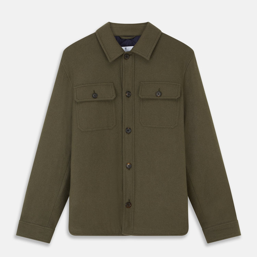 The Green Quilted Cashmere Amhurst Overshirt by Turnbull & Asser features a collar, long sleeves, button-flap chest pockets, and thermo-regulating graphene wadding. Displayed on a plain white background.