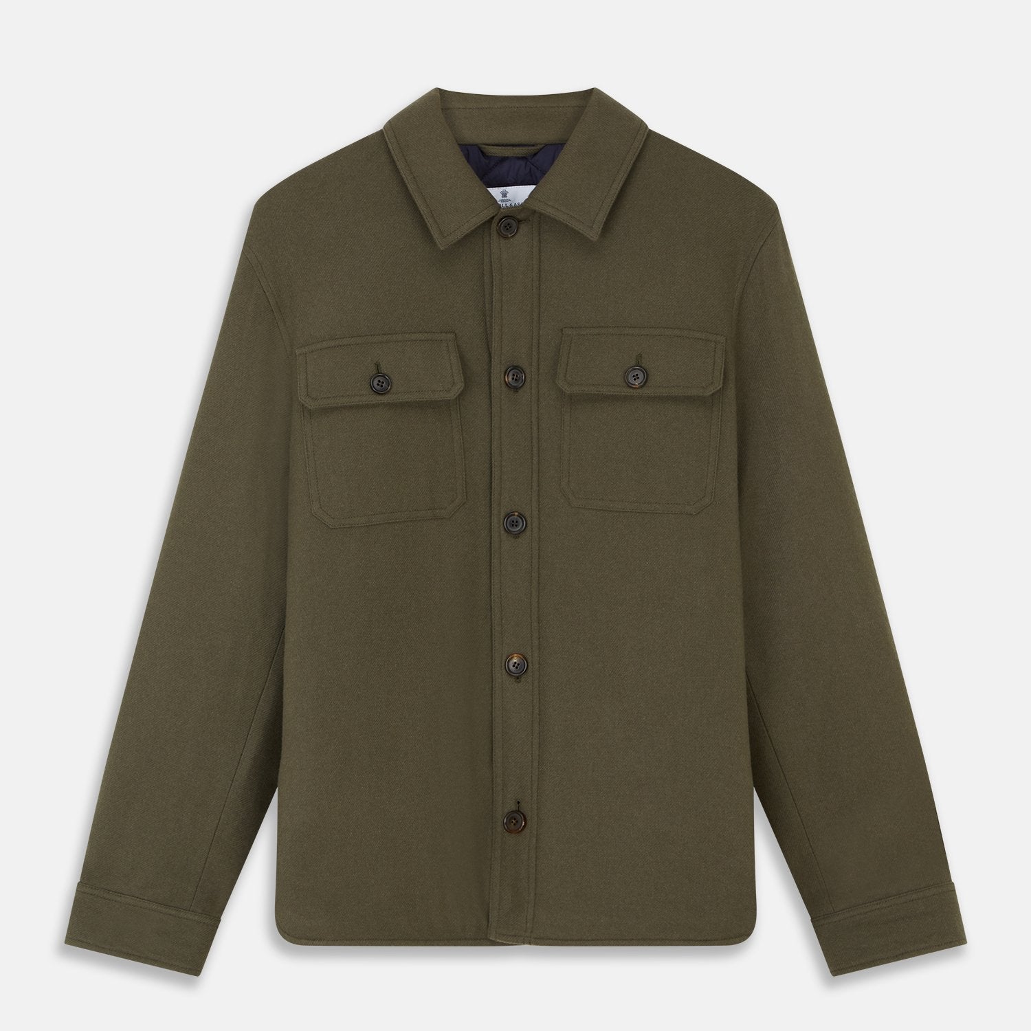 View 1 of product The Green Quilted Cashmere Amhurst Overshirt by Turnbull & Asser features a collar, long sleeves, button-flap chest pockets, and thermo-regulating graphene wadding. Displayed on a plain white background.