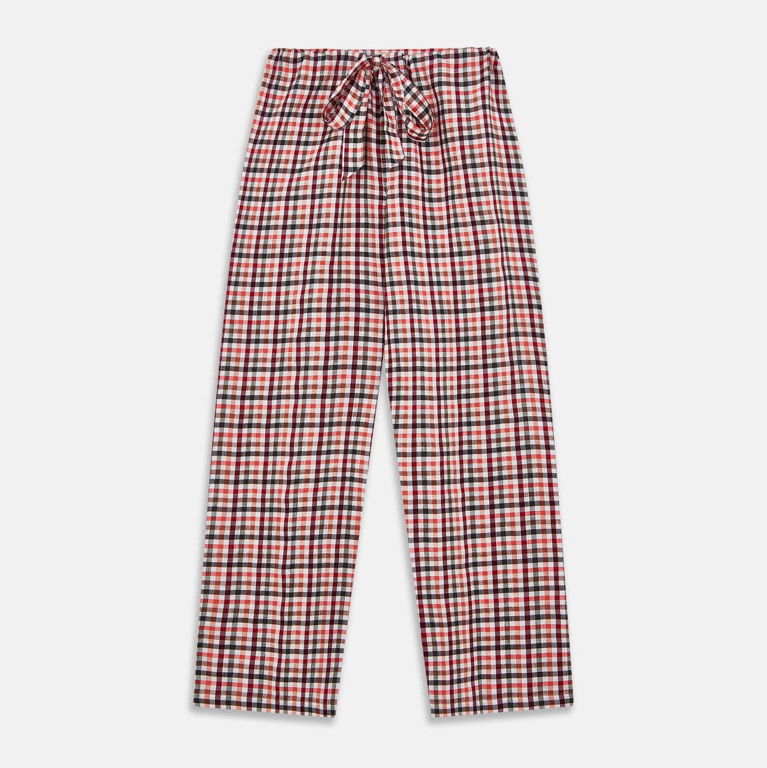 View 5 of product The Turnbull & Asser Green Multi Check Linen Blend Quin Pyjama Set, featuring a long-sleeve button-up shirt and pants with green multi check pattern and adjustable tie-waist, is laid flat on a white background.