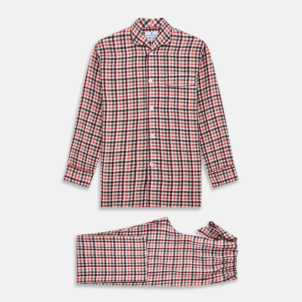 The Turnbull & Asser Green Multi Check Linen Blend Quin Pyjama Set, featuring a long-sleeve button-up shirt and pants with green multi check pattern and adjustable tie-waist, is laid flat on a white background.