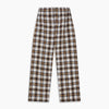View 5 of product The Turnbull & Asser Brown Multi Check Linen Hyde Pyjama Set features a button-up, long-sleeve top and pants with a brown, black, and white plaid pattern, shown on a white background.