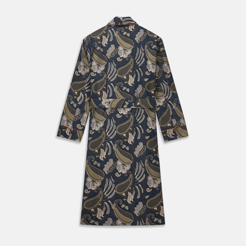 A navy paisley pattern cotton Arnold Gown by Turnbull & Asser, featuring a belted waist and intricate design.