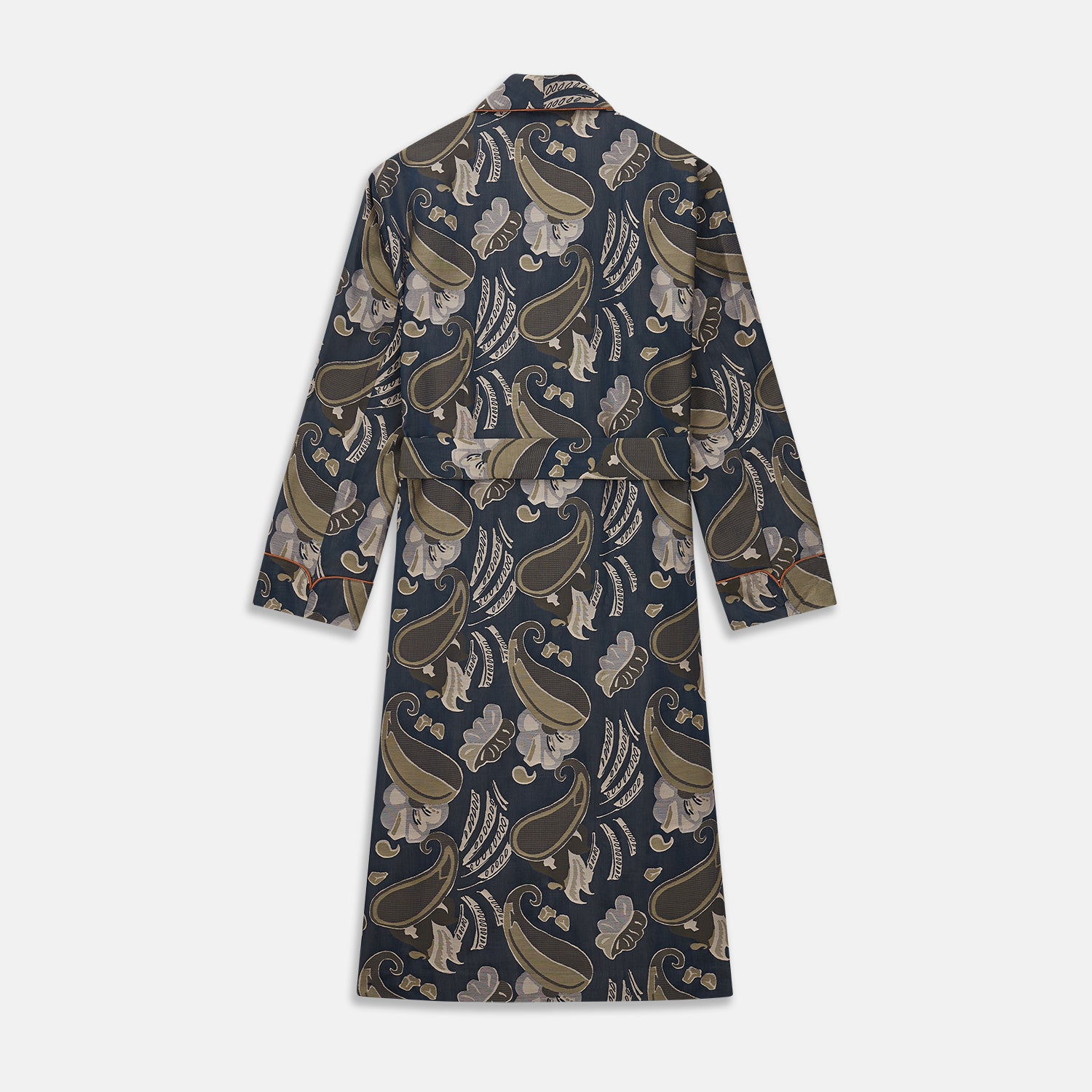 View 5 of product A navy paisley pattern cotton Arnold Gown by Turnbull & Asser, featuring a belted waist and intricate design.