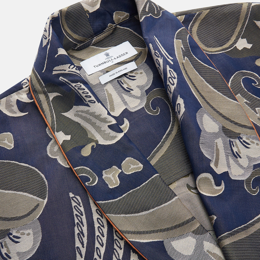 A navy paisley pattern cotton Arnold Gown by Turnbull & Asser, featuring a belted waist and intricate design.