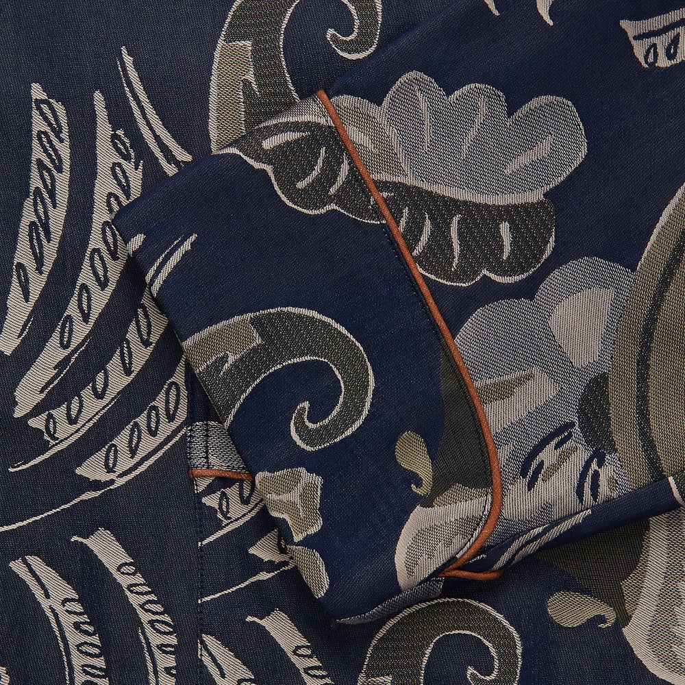 A navy paisley pattern cotton Arnold Gown by Turnbull & Asser, featuring a belted waist and intricate design.