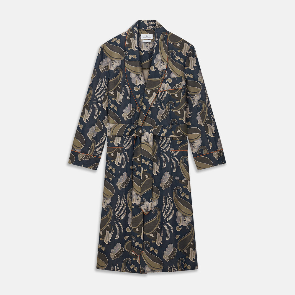 A navy paisley pattern cotton Arnold Gown by Turnbull & Asser, featuring a belted waist and intricate design.