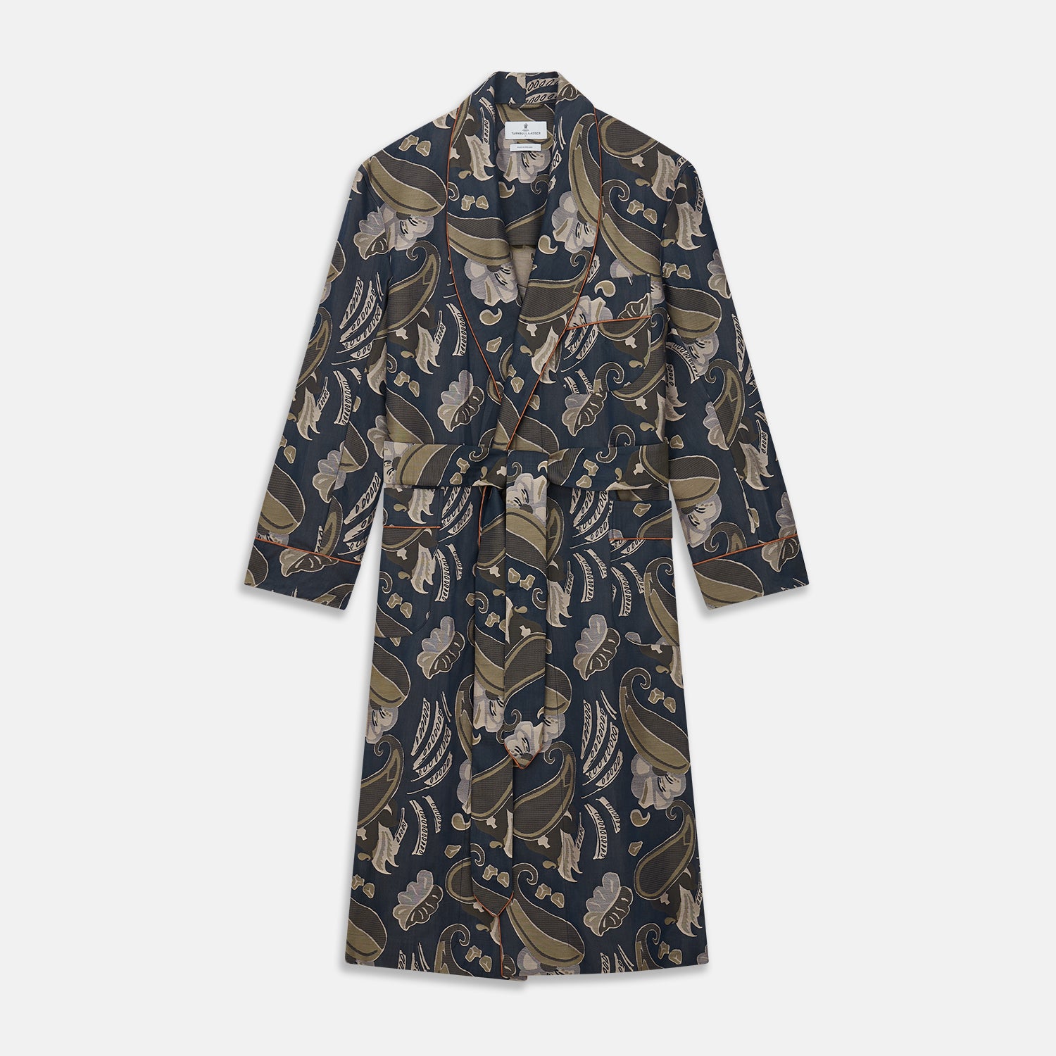 View 1 of product A navy paisley pattern cotton Arnold Gown by Turnbull & Asser, featuring a belted waist and intricate design.