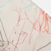 View 3 of product The Turnbull & Asser Cream Sketched Pattern Wool Chilcott Scarf features a lightweight, beige design with frayed edges and multicolored, line-drawn clothing and accessories, shown neatly tied on a plain white background.