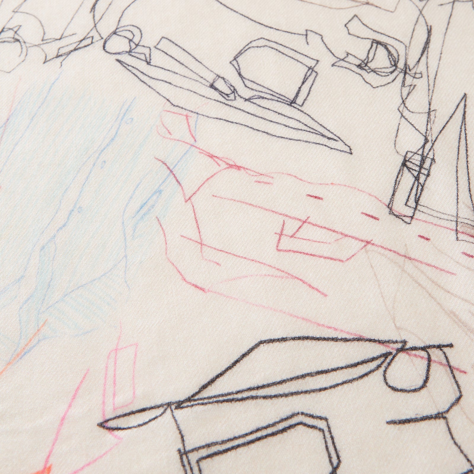 View 2 of product The Turnbull & Asser Cream Sketched Pattern Wool Chilcott Scarf features a lightweight, beige design with frayed edges and multicolored, line-drawn clothing and accessories, shown neatly tied on a plain white background.