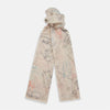 View 1 of product The Turnbull & Asser Cream Sketched Pattern Wool Chilcott Scarf features a lightweight, beige design with frayed edges and multicolored, line-drawn clothing and accessories, shown neatly tied on a plain white background.