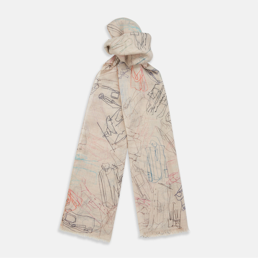 The Turnbull & Asser Cream Sketched Pattern Wool Chilcott Scarf features a lightweight, beige design with frayed edges and multicolored, line-drawn clothing and accessories, shown neatly tied on a plain white background.