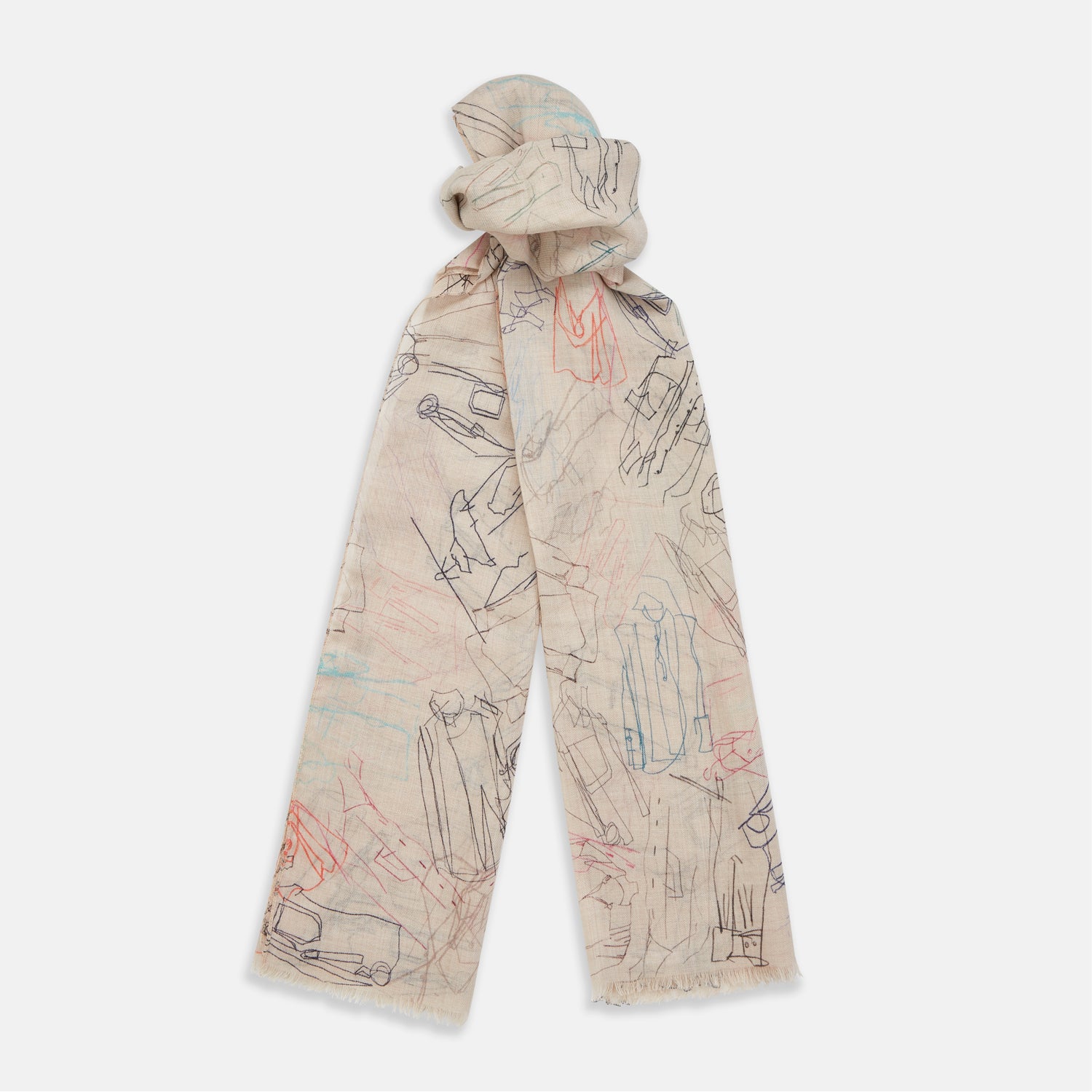 View 1 of product The Turnbull & Asser Cream Sketched Pattern Wool Chilcott Scarf features a lightweight, beige design with frayed edges and multicolored, line-drawn clothing and accessories, shown neatly tied on a plain white background.