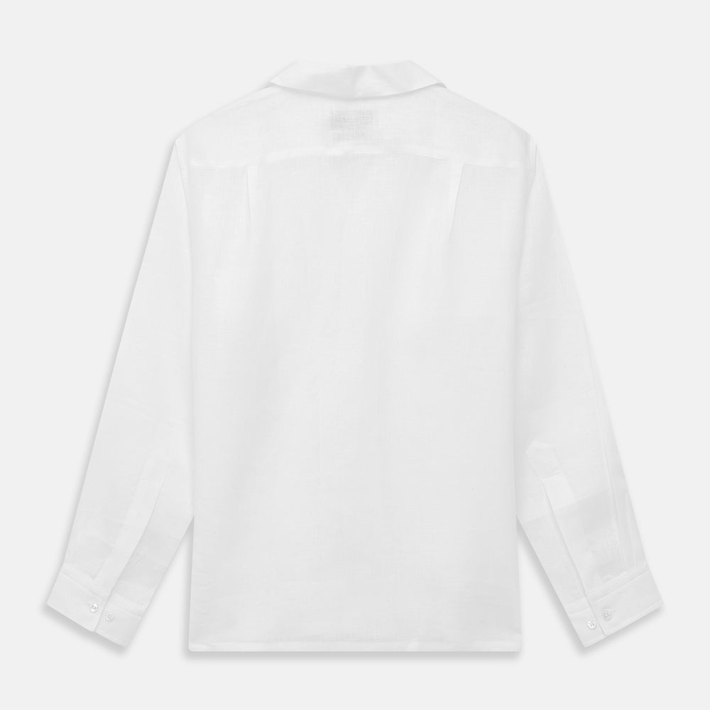 The Turnbull & Asser White Linen Holiday Fit Winnington Shirt, a long-sleeve style with a revere collar and chest pocket, is shown laid flat on a white background.