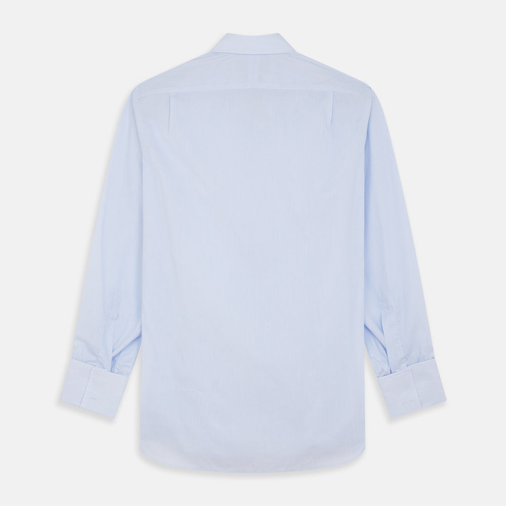 The Turnbull & Asser Pale Blue Multi Stripe Cotton Regular Fit Whitby Shirt features long sleeves, a classic collar, and buttoned cuffs, shown laid flat on a white background.