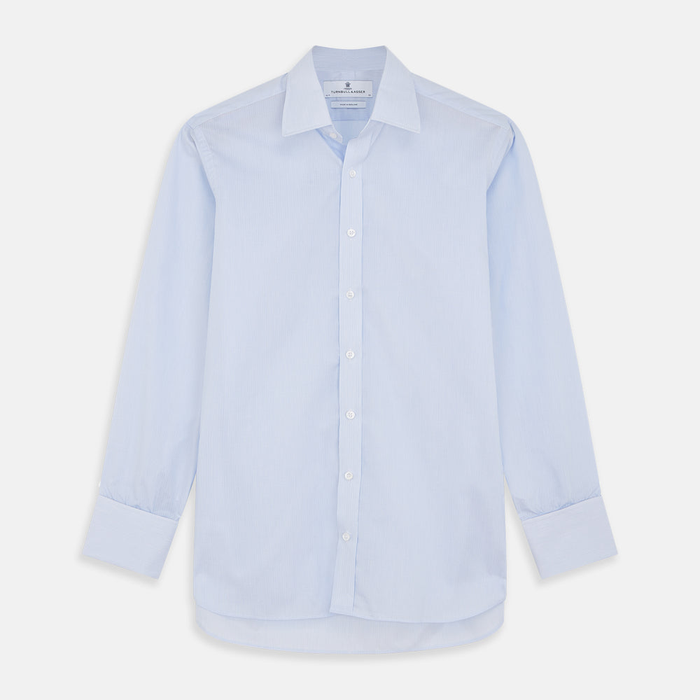 The Turnbull & Asser Pale Blue Multi Stripe Cotton Regular Fit Whitby Shirt features long sleeves, a classic collar, and buttoned cuffs, shown laid flat on a white background.