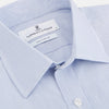 View 3 of product The Turnbull & Asser Blue and White Stripe Cotton Regular Fit Mayfair Shirt features long sleeves, a T&A collar, white buttons, and buttoned cuffs, displayed flat on a white background.