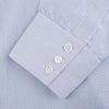 View 2 of product The Turnbull & Asser Blue and White Stripe Cotton Regular Fit Mayfair Shirt features long sleeves, a T&A collar, white buttons, and buttoned cuffs, displayed flat on a white background.