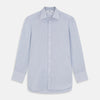View 1 of product The Turnbull & Asser Blue and White Stripe Cotton Regular Fit Mayfair Shirt features long sleeves, a T&A collar, white buttons, and buttoned cuffs, displayed flat on a white background.