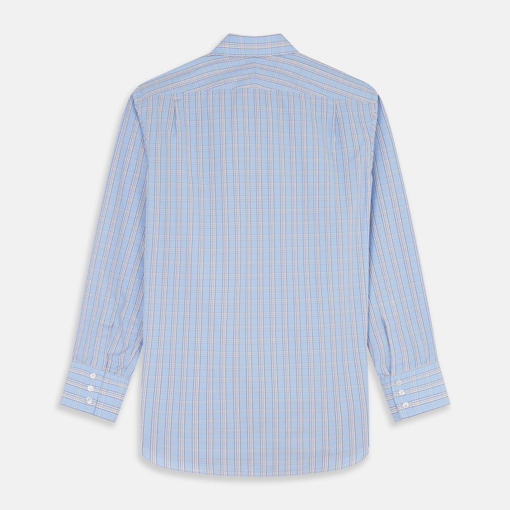 The Turnbull & Asser Pale Blue Multi-check Cotton Regular Fit Mayfair Shirt, featuring a classic T&A collar and buttoned cuffs, is displayed laid flat on a white background.