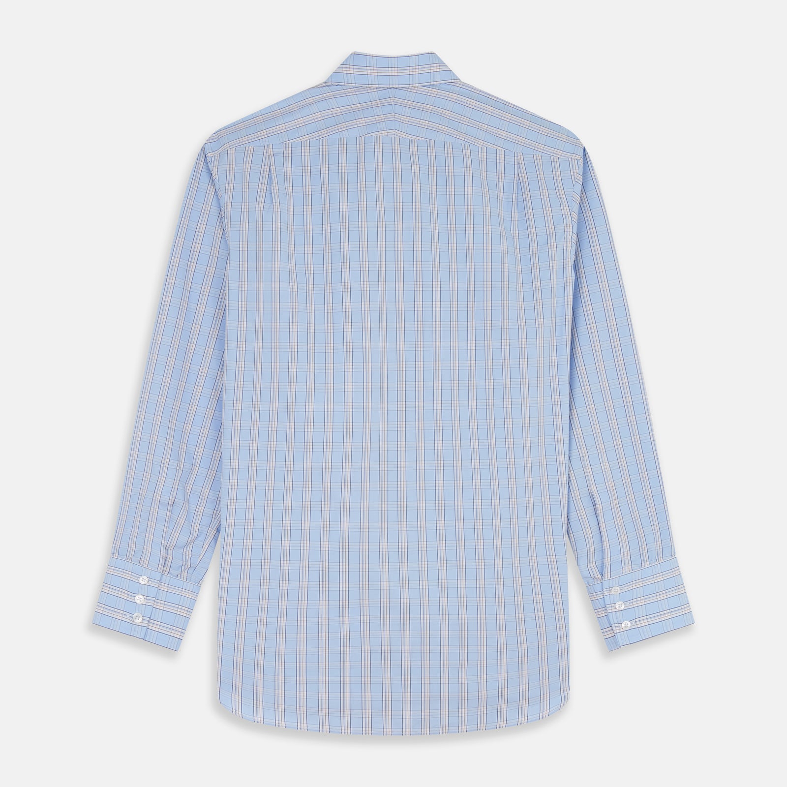 View 5 of product The Turnbull & Asser Pale Blue Multi-check Cotton Regular Fit Mayfair Shirt, featuring a classic T&A collar and buttoned cuffs, is displayed laid flat on a white background.