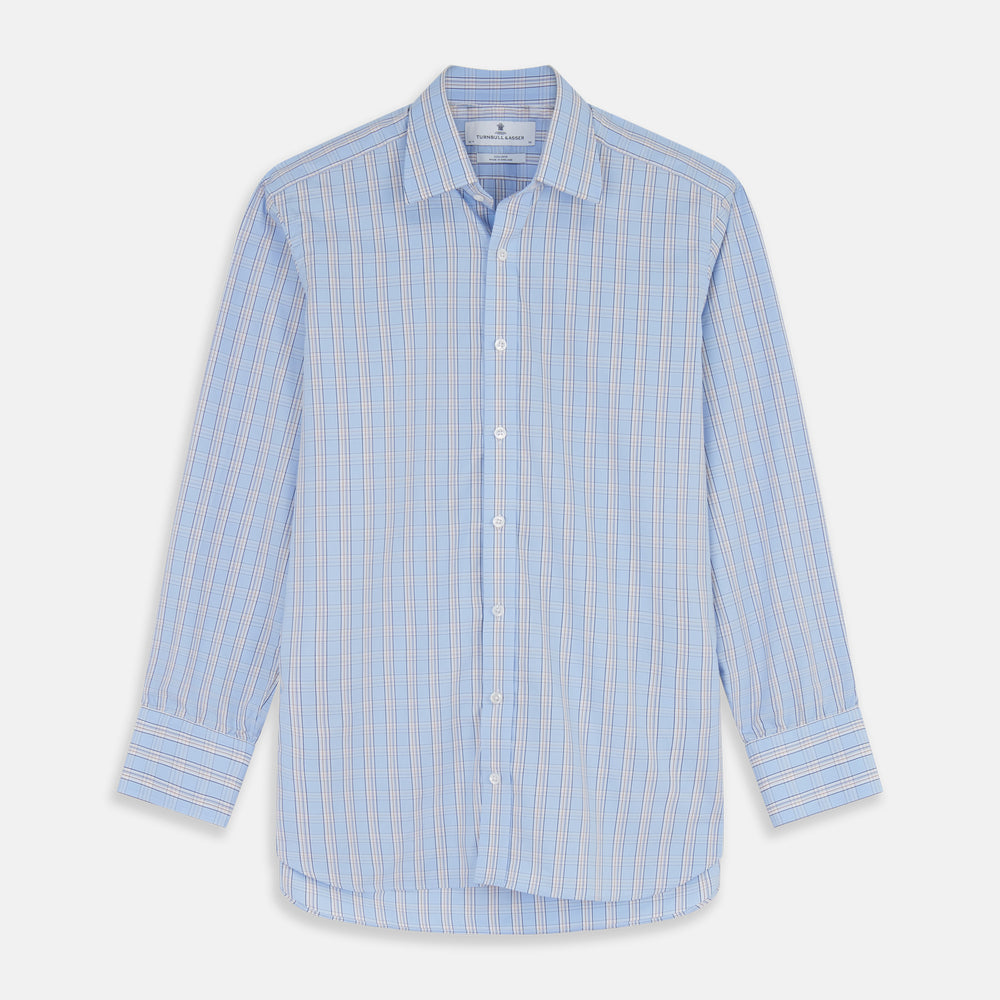 The Turnbull & Asser Pale Blue Multi-check Cotton Regular Fit Mayfair Shirt, featuring a classic T&A collar and buttoned cuffs, is displayed laid flat on a white background.