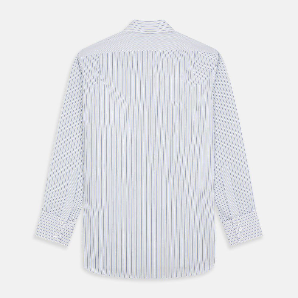 The Light Blue and Yellow Stripe Cotton RE-PURPOSE Mayfair Shirt by Turnbull & Asser features long sleeves, a classic collar, buttoned cuffs, a curved hem, and is made from recycled cotton for sustainable style.