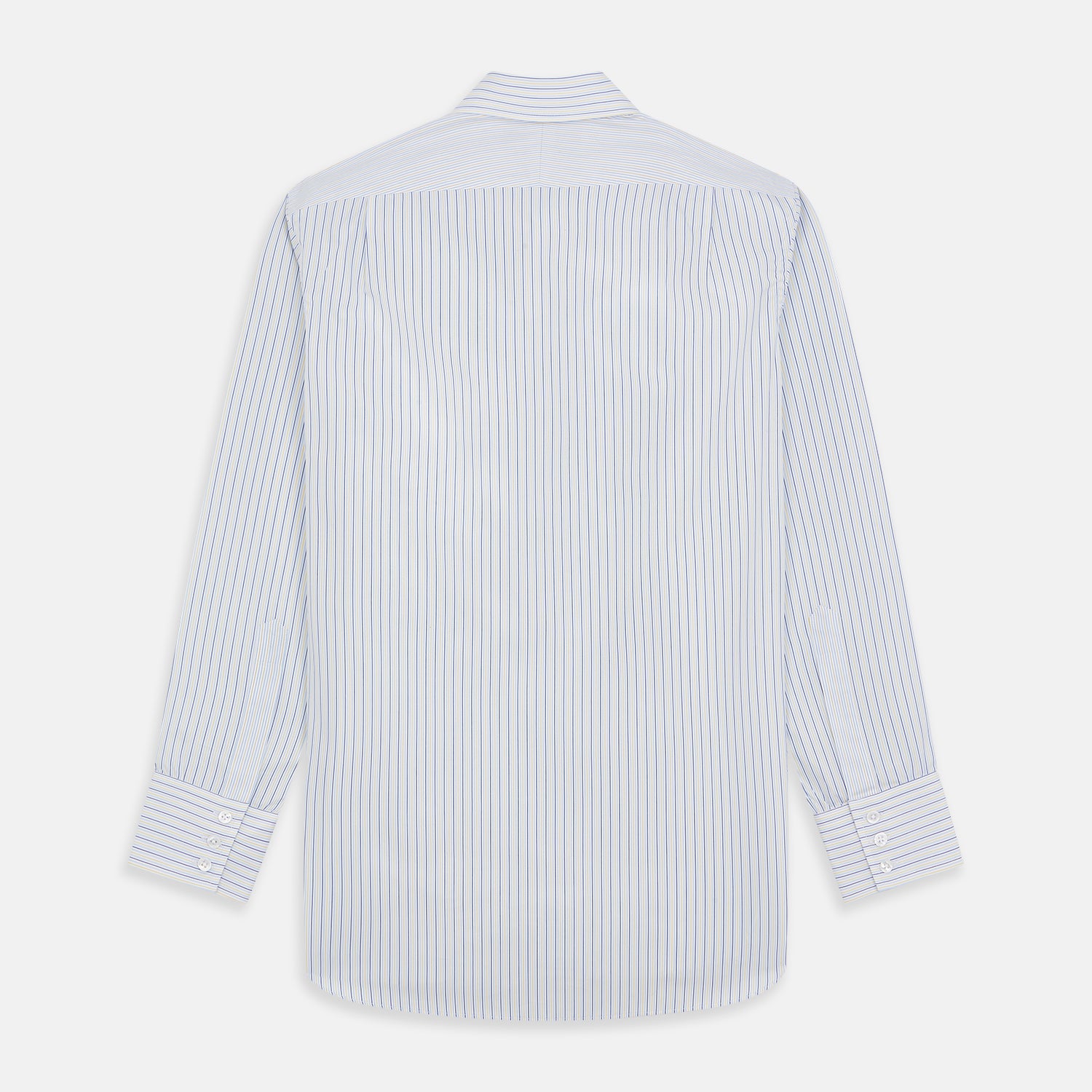 View 5 of product The Light Blue and Yellow Stripe Cotton RE-PURPOSE Mayfair Shirt by Turnbull & Asser features long sleeves, a classic collar, buttoned cuffs, a curved hem, and is made from recycled cotton for sustainable style.