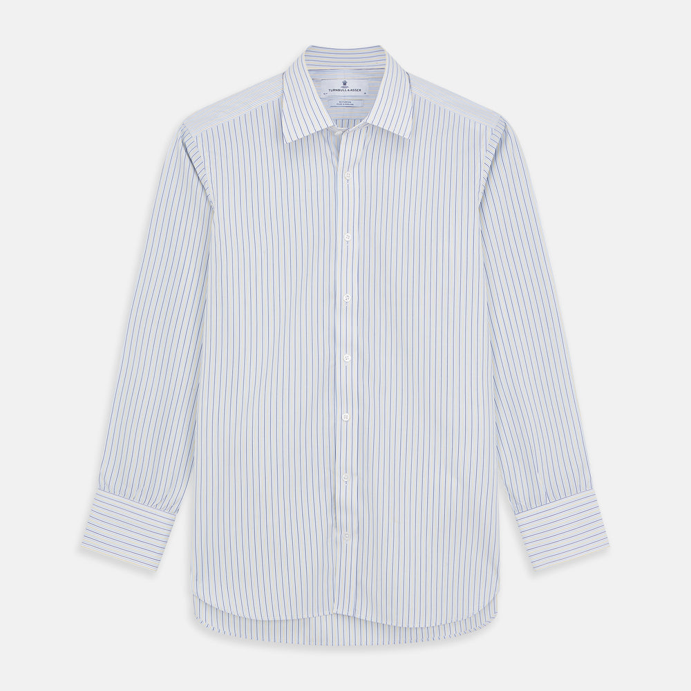 The Light Blue and Yellow Stripe Cotton RE-PURPOSE Mayfair Shirt by Turnbull & Asser features long sleeves, a classic collar, buttoned cuffs, a curved hem, and is made from recycled cotton for sustainable style.