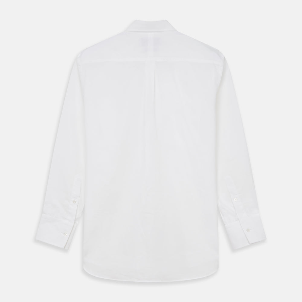 The Turnbull & Asser White Cotton Voile Weekend Fit Nevis Shirt features a Dorset button-down collar, two chest pockets, and a subtle military-inspired design, shown against a plain white background.