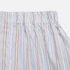 View 2 of product Turnbull & Asser’s Beige and Light Blue Multi Stripe Cotton Godfrey Boxer Shorts feature vertical blue, brown, and white stripes, an elastic waistband, and a comfortable loose fit. Displayed on a plain white background.