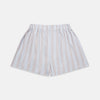 View 1 of product Turnbull & Asser’s Beige and Light Blue Multi Stripe Cotton Godfrey Boxer Shorts feature vertical blue, brown, and white stripes, an elastic waistband, and a comfortable loose fit. Displayed on a plain white background.