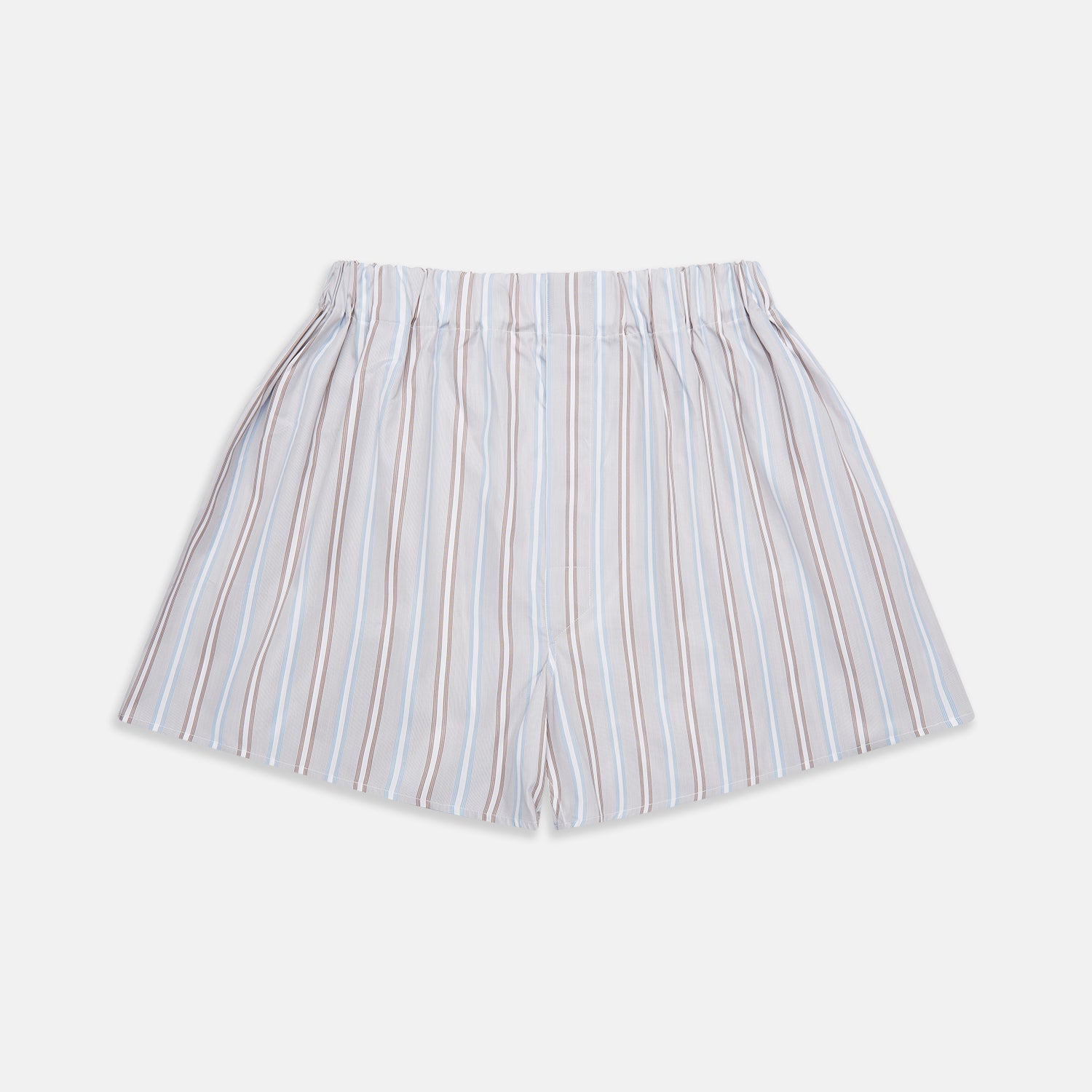 View 1 of product Turnbull & Asser’s Beige and Light Blue Multi Stripe Cotton Godfrey Boxer Shorts feature vertical blue, brown, and white stripes, an elastic waistband, and a comfortable loose fit. Displayed on a plain white background.