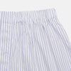 View 2 of product Turnbull & Asser's White and Blue Halo Stripe Cotton Godfrey Boxer Shorts feature thin vertical blue stripes, an elastic waistband, and offer comfortable sleepwear. The shorts are shown laid flat on a plain white background.