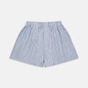 View 1 of product Turnbull & Asser Blue and White Stripe Cotton Godfrey Boxers feature an elastic waistband, shown laid flat on a white background—ideal for those who value luxury underwear.