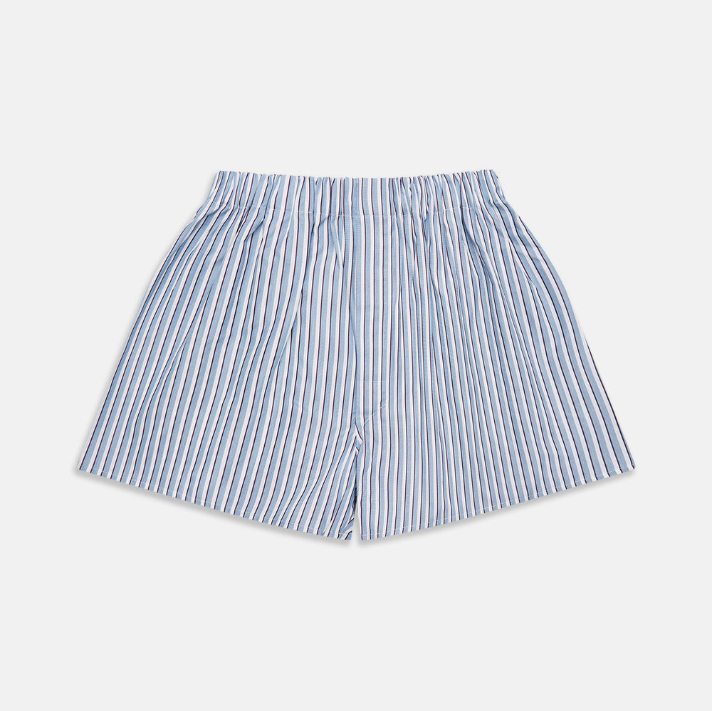 Turnbull & Asser Blue and White Stripe Cotton Godfrey Boxers feature an elastic waistband, shown laid flat on a white background—ideal for those who value luxury underwear.
