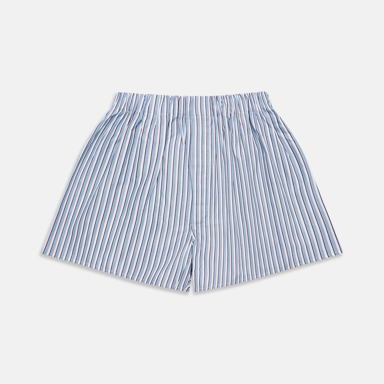 View 1 of product Turnbull & Asser Blue and White Stripe Cotton Godfrey Boxers feature an elastic waistband, shown laid flat on a white background—ideal for those who value luxury underwear.