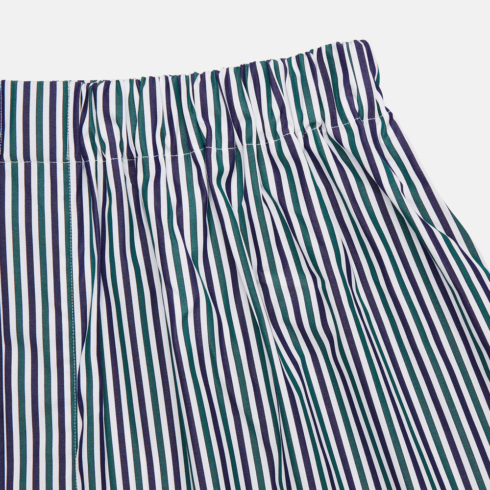 Turnbull & Asser Green and Blue Stripe Cotton Godfrey Boxer Shorts for men shown flat on a white background, featuring an elastic waistband and no visible pockets or buttons.