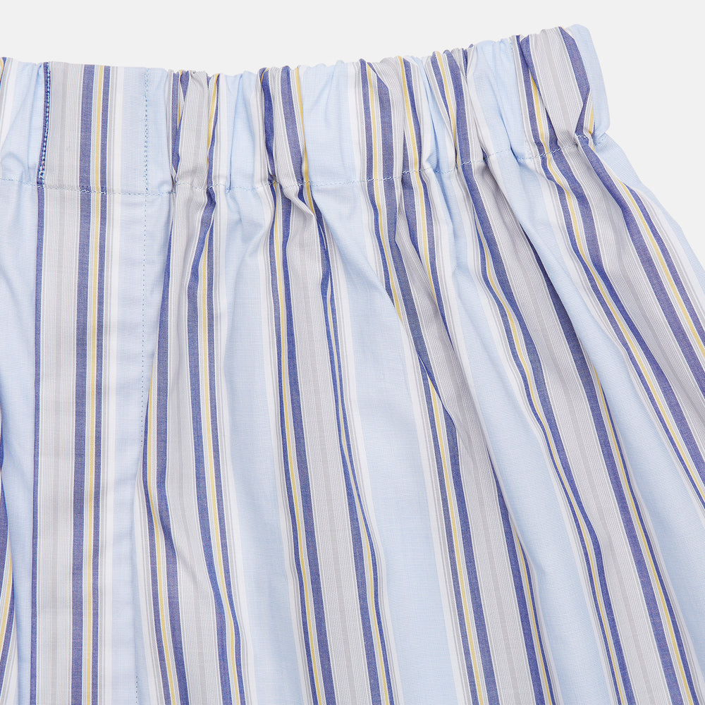 Pale Blue and Yellow Multi Stripe Cotton Godfrey Boxers by Turnbull & Asser, featuring a comfortable elastic waistband—luxury men's underwear essential. Displayed flat on a white background.