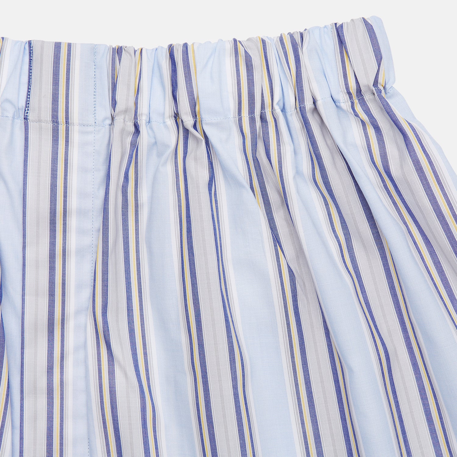 View 2 of product Pale Blue and Yellow Multi Stripe Cotton Godfrey Boxers by Turnbull & Asser, featuring a comfortable elastic waistband—luxury men's underwear essential. Displayed flat on a white background.